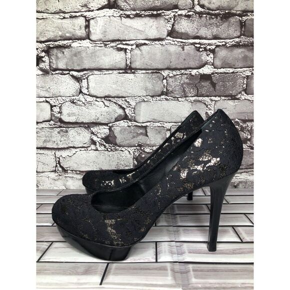 Tory Burch Black Leather Floral Fabric Platform Stiletto High Heels Women Sz 8M - Picture 9 of 16